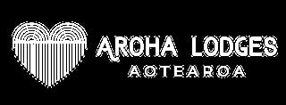 Aroha Lodges Aotearoa logo featuring a white striped heart design on black background